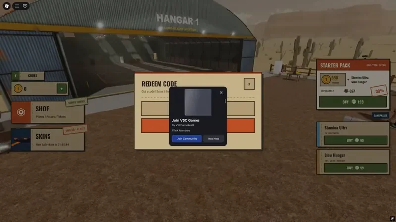 A Join VSC Games community prompt shown beside the code redemption interface