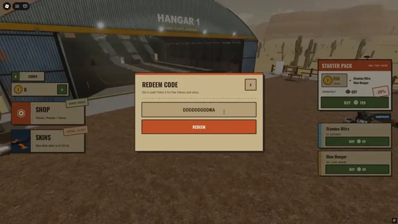 The code entry dialog open in the desert hangar scene