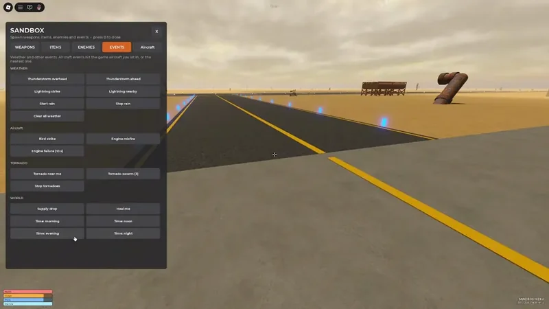Sandbox Events menu with weather, aircraft, tornado, world event, and time options