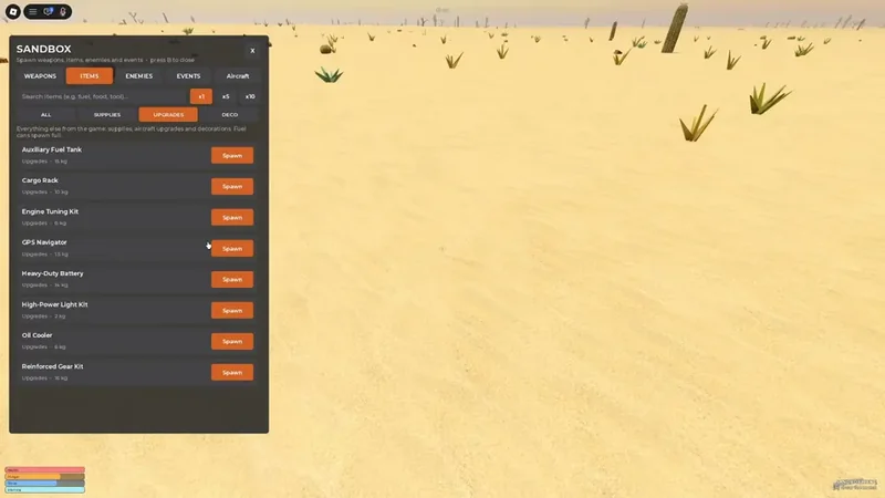 Aircraft upgrades available in the Sandbox Items menu