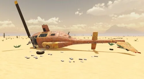 Damaged aircraft scattered across the desert